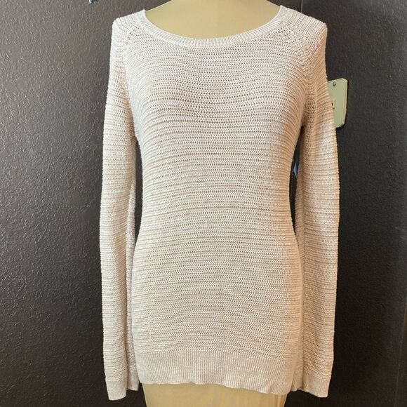 ANN Taylor Loft size medium soft pink‎ open knit crew neck tunic sweater - Picture 1 of 5